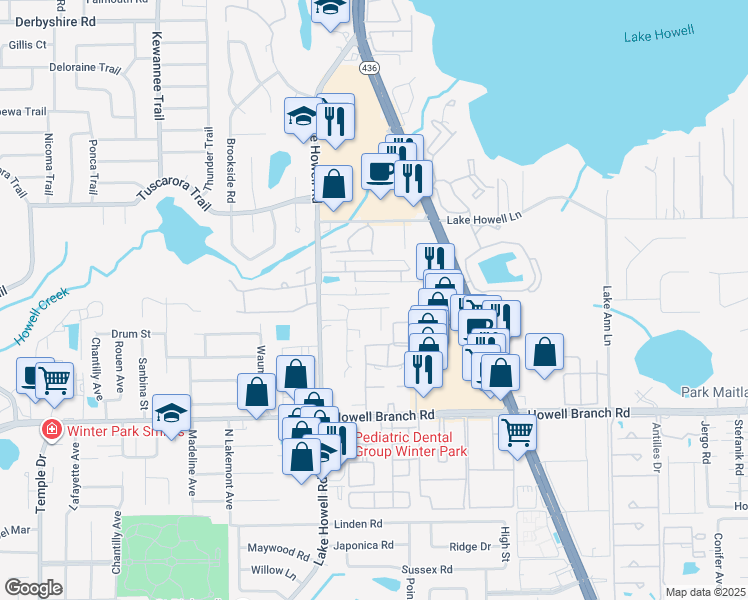 map of restaurants, bars, coffee shops, grocery stores, and more near 1955 Water Lane in Maitland