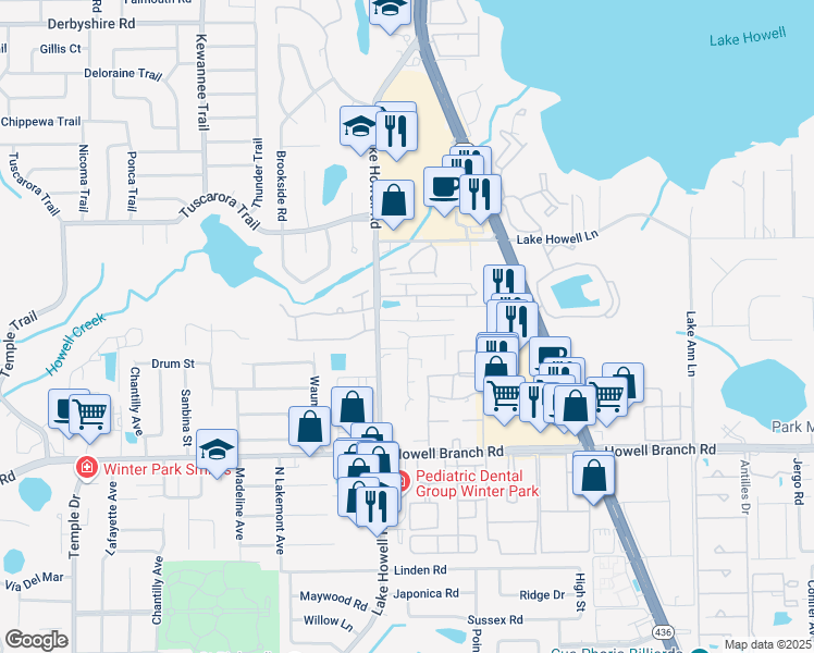 map of restaurants, bars, coffee shops, grocery stores, and more near 1955 Water Lane in Maitland
