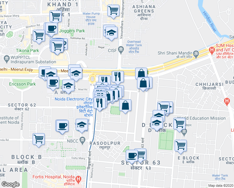 map of restaurants, bars, coffee shops, grocery stores, and more near in Noida