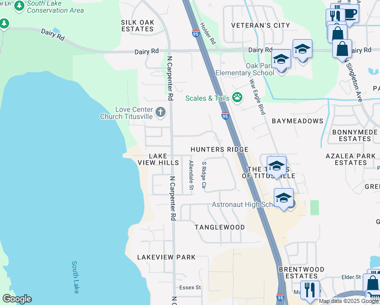 map of restaurants, bars, coffee shops, grocery stores, and more near 990 Allendale Street in Titusville