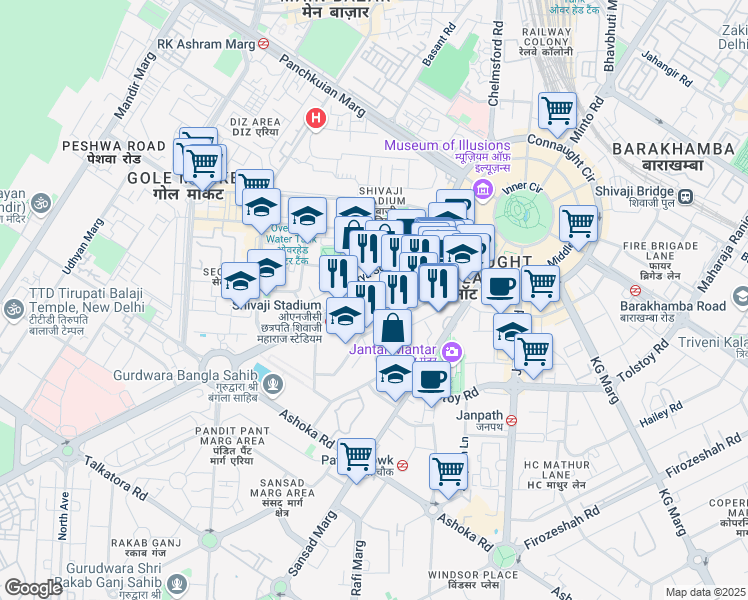 map of restaurants, bars, coffee shops, grocery stores, and more near Baba Kharak Singh Road in New Delhi