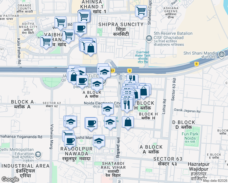 map of restaurants, bars, coffee shops, grocery stores, and more near in Noida