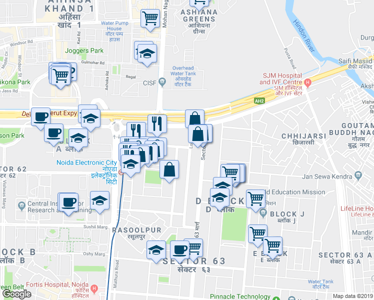 map of restaurants, bars, coffee shops, grocery stores, and more near in Noida