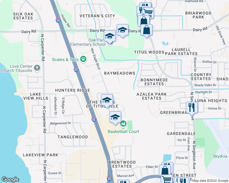 map of restaurants, bars, coffee shops, grocery stores, and more near 3536 Nikon Court in Titusville