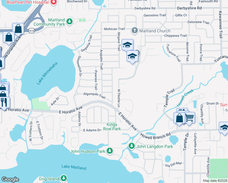map of restaurants, bars, coffee shops, grocery stores, and more near 231 Seneca Trail in Maitland