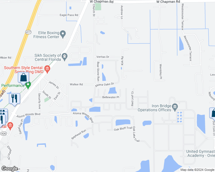 map of restaurants, bars, coffee shops, grocery stores, and more near 2723 Aloma Oaks Drive in Oviedo