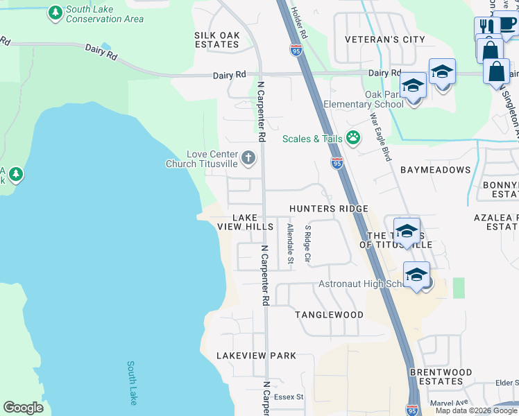 map of restaurants, bars, coffee shops, grocery stores, and more near 1120 North Carpenter Road in Titusville