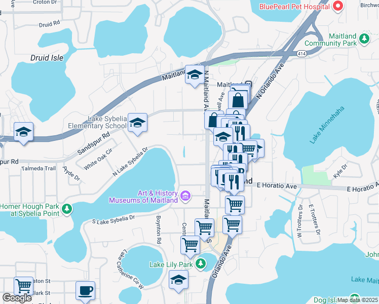 map of restaurants, bars, coffee shops, grocery stores, and more near 331 North Maitland Avenue in Maitland