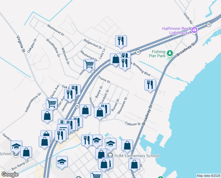 map of restaurants, bars, coffee shops, grocery stores, and more near 213 Crockett Street in Port Lavaca
