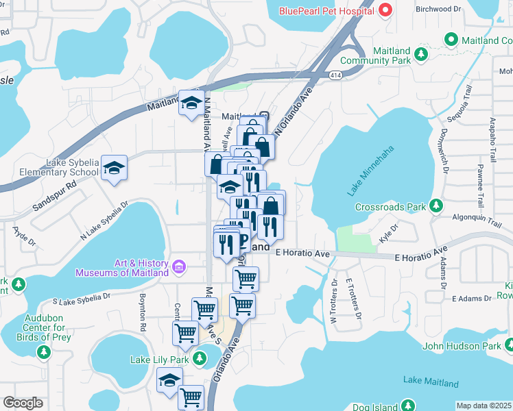 map of restaurants, bars, coffee shops, grocery stores, and more near 400 North Orlando Avenue in Maitland
