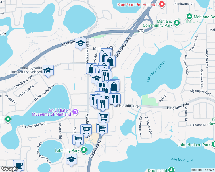 map of restaurants, bars, coffee shops, grocery stores, and more near 400 North Orlando Avenue in Maitland