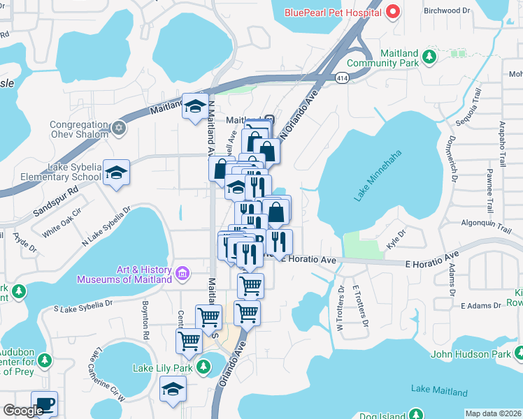 map of restaurants, bars, coffee shops, grocery stores, and more near 400 North North Orlando Avenue in Maitland