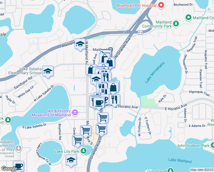 map of restaurants, bars, coffee shops, grocery stores, and more near 400 North North Orlando Avenue in Maitland