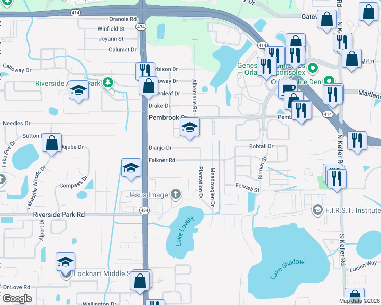 map of restaurants, bars, coffee shops, grocery stores, and more near 2402 Dianjo Drive in Orlando