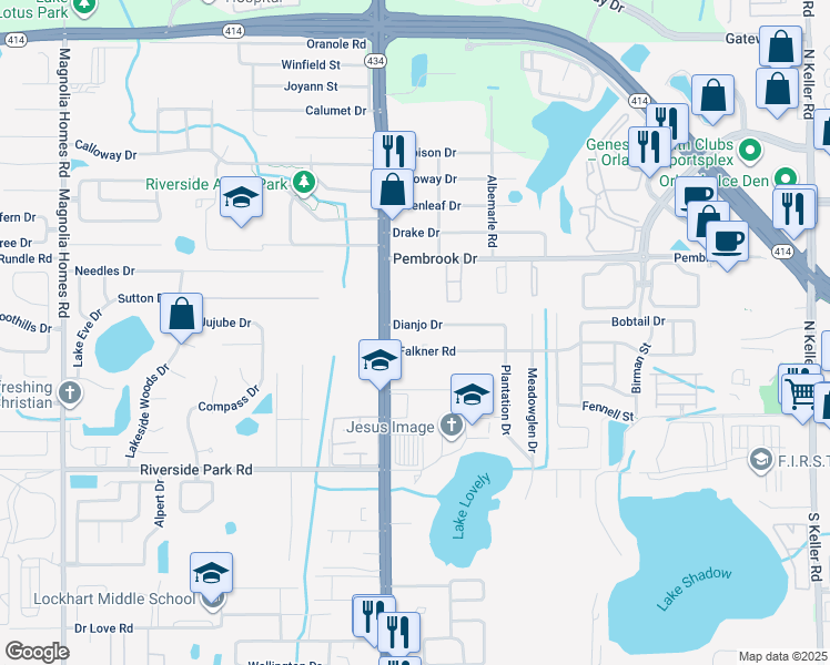 map of restaurants, bars, coffee shops, grocery stores, and more near 2618 Dianjo Drive in Orlando