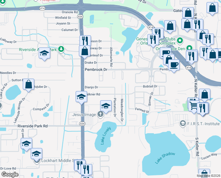 map of restaurants, bars, coffee shops, grocery stores, and more near 2402 Dianjo Drive in Orlando