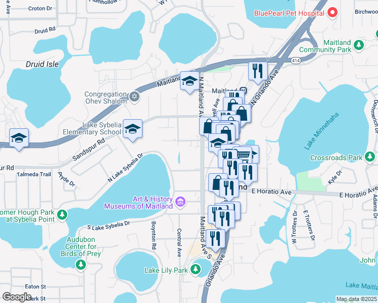 map of restaurants, bars, coffee shops, grocery stores, and more near 451 North Maitland Avenue in Maitland