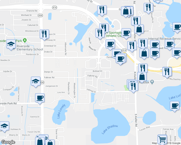 map of restaurants, bars, coffee shops, grocery stores, and more near 1751 Bobtail Drive in Maitland