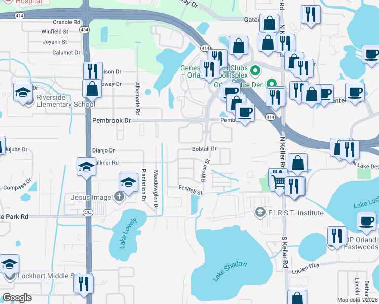 map of restaurants, bars, coffee shops, grocery stores, and more near 1751 Bobtail Drive in Maitland