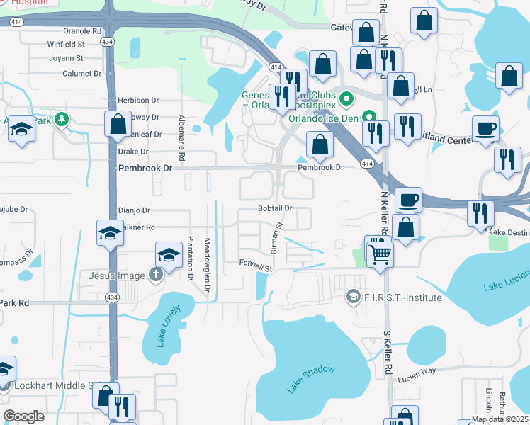 map of restaurants, bars, coffee shops, grocery stores, and more near 1775 Bobtail Drive in Maitland