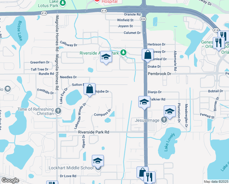 map of restaurants, bars, coffee shops, grocery stores, and more near 7940 Compass Drive in Orlando