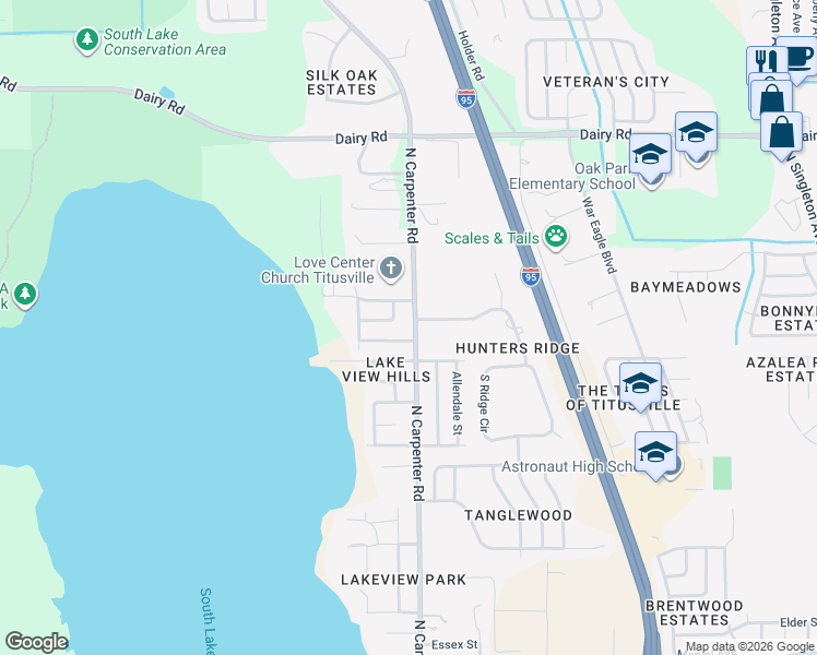 map of restaurants, bars, coffee shops, grocery stores, and more near 1120 North Carpenter Road in Titusville