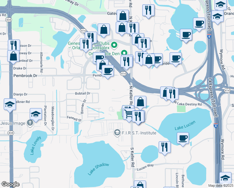 map of restaurants, bars, coffee shops, grocery stores, and more near 495 North Keller Road in Maitland