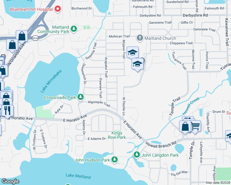 map of restaurants, bars, coffee shops, grocery stores, and more near 1781 Pocahontas Path in Maitland