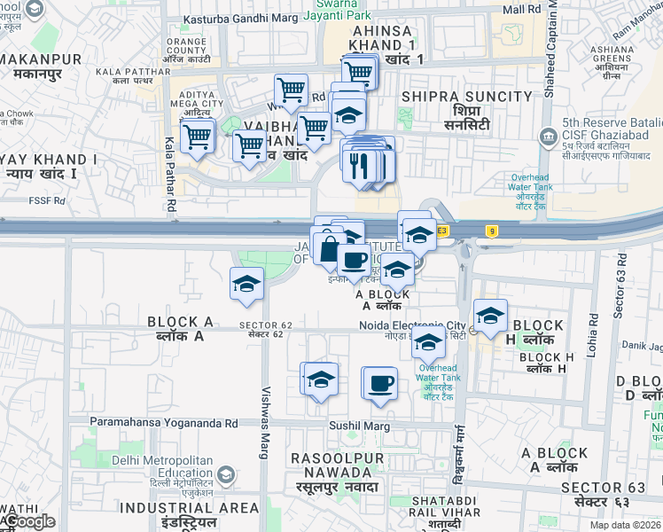 map of restaurants, bars, coffee shops, grocery stores, and more near in Noida