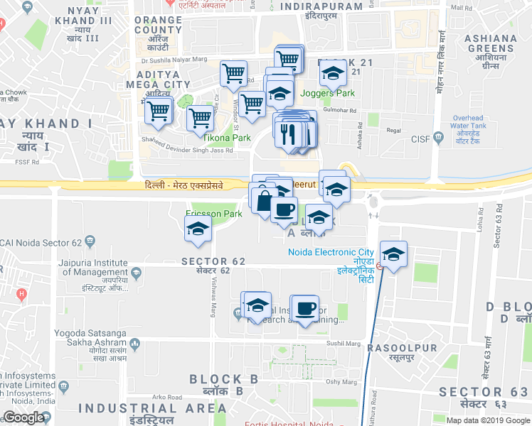 map of restaurants, bars, coffee shops, grocery stores, and more near in Noida