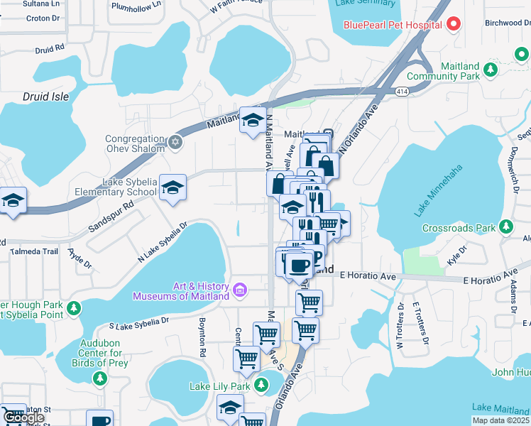 map of restaurants, bars, coffee shops, grocery stores, and more near 451 North Maitland Avenue in Maitland