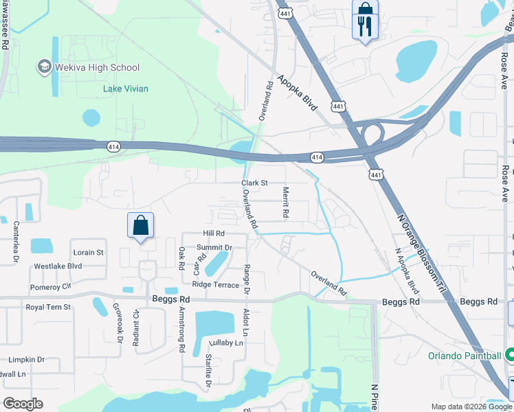 map of restaurants, bars, coffee shops, grocery stores, and more near 3111 Overland Road in Apopka