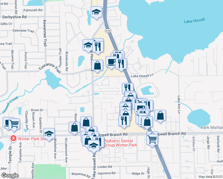 map of restaurants, bars, coffee shops, grocery stores, and more near 2254 Park Maitland Court in Maitland