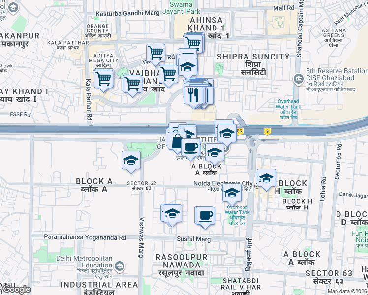 map of restaurants, bars, coffee shops, grocery stores, and more near in Noida