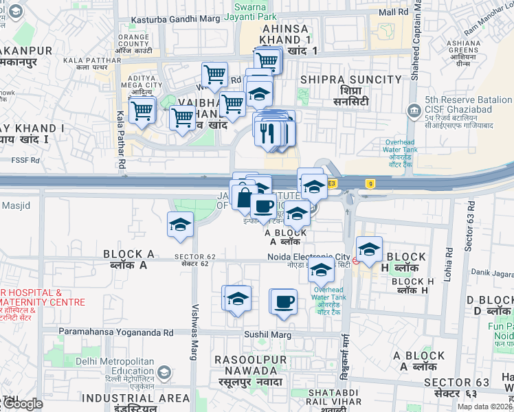 map of restaurants, bars, coffee shops, grocery stores, and more near in Noida