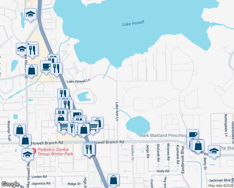 map of restaurants, bars, coffee shops, grocery stores, and more near Lake Ann Lane in Winter Park