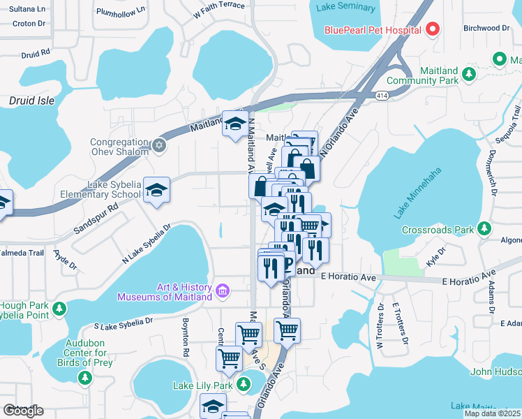 map of restaurants, bars, coffee shops, grocery stores, and more near 415 North Orlando Avenue in Maitland