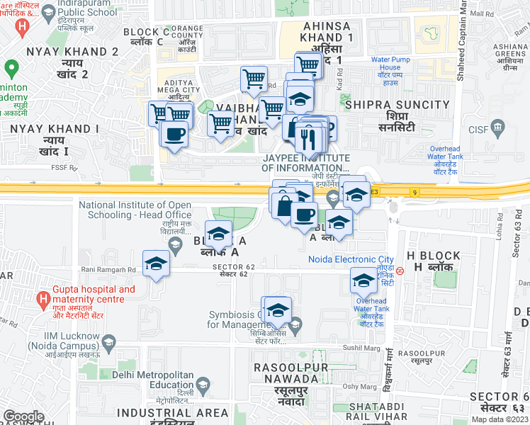 map of restaurants, bars, coffee shops, grocery stores, and more near Shipra Mall Underpass in New Okhla Industrial Development Area