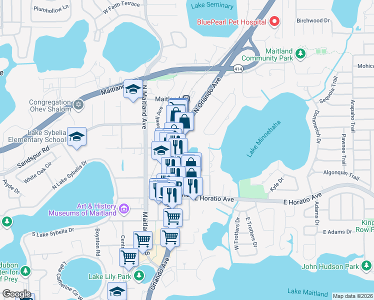 map of restaurants, bars, coffee shops, grocery stores, and more near 400 Sybelia Parkway in Maitland