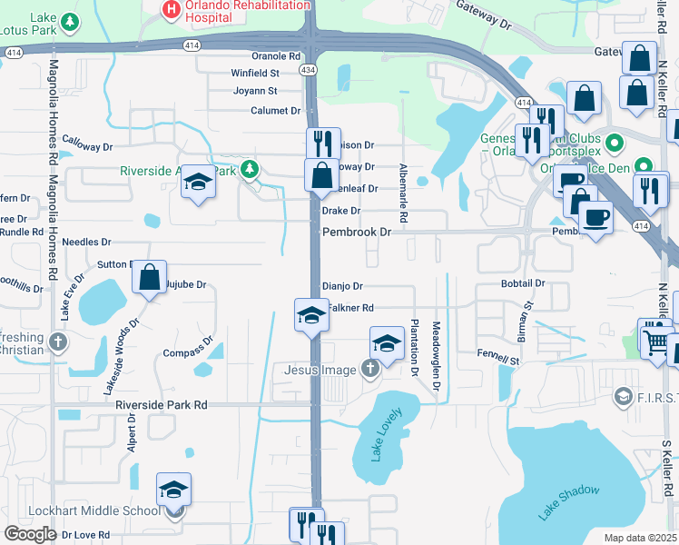 map of restaurants, bars, coffee shops, grocery stores, and more near 2618 Dianjo Drive in Orlando