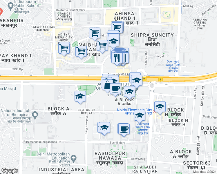 map of restaurants, bars, coffee shops, grocery stores, and more near in Noida