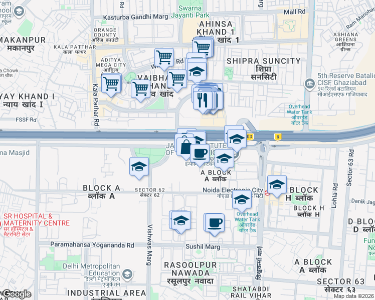 map of restaurants, bars, coffee shops, grocery stores, and more near in Noida