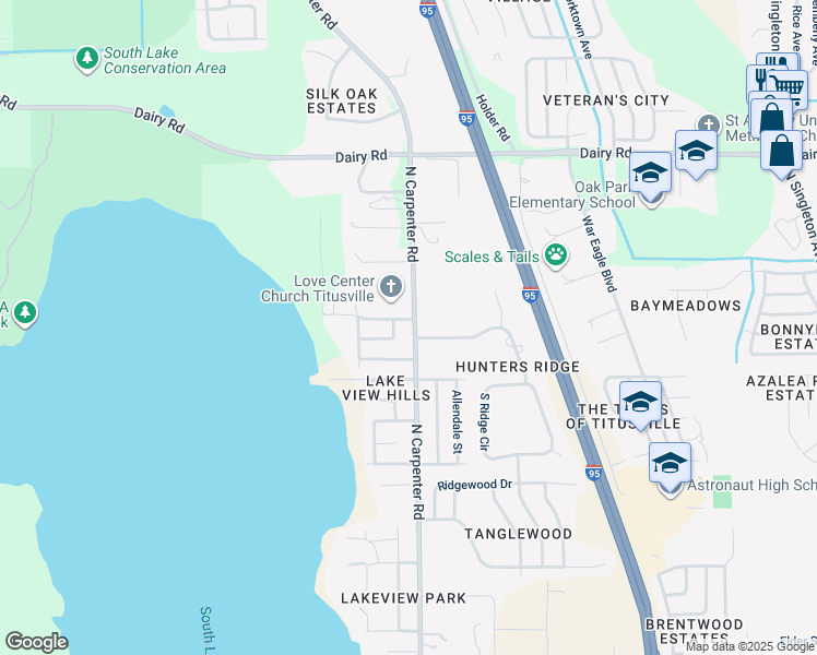 map of restaurants, bars, coffee shops, grocery stores, and more near 1170 North Carpenter Road in Titusville