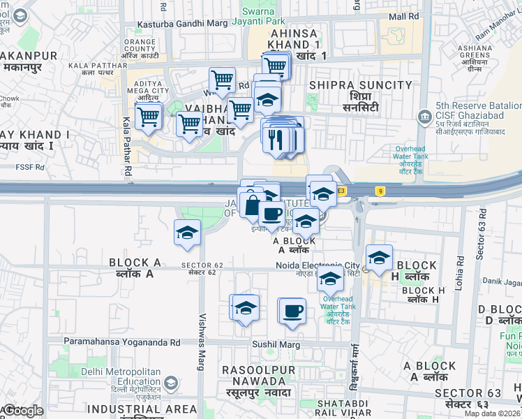 map of restaurants, bars, coffee shops, grocery stores, and more near in Noida