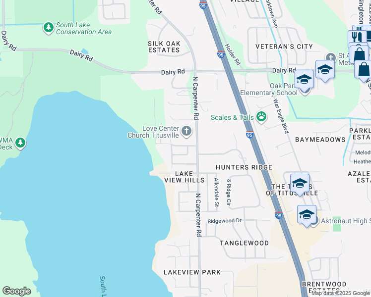 map of restaurants, bars, coffee shops, grocery stores, and more near 4085 Dianthus Lane in Titusville