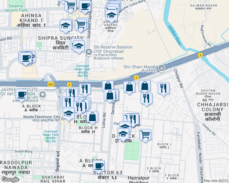 map of restaurants, bars, coffee shops, grocery stores, and more near H-161 Sector 63 Road in Noida