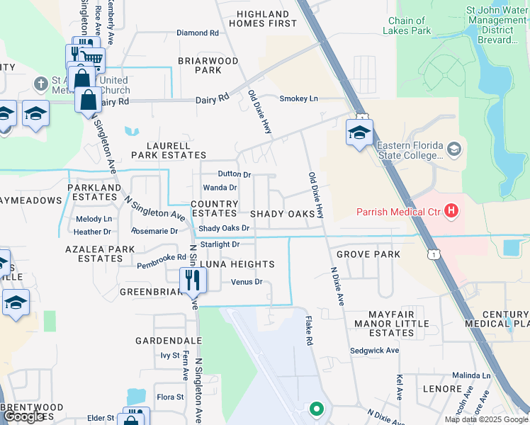 map of restaurants, bars, coffee shops, grocery stores, and more near 1165 Morse Avenue in Titusville