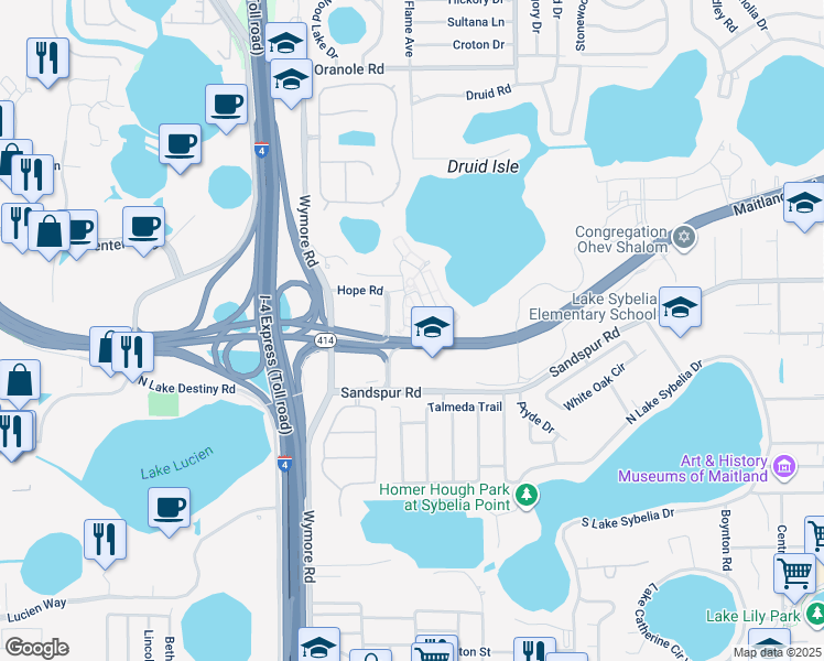 map of restaurants, bars, coffee shops, grocery stores, and more near 1379 Benevolent Street in Maitland