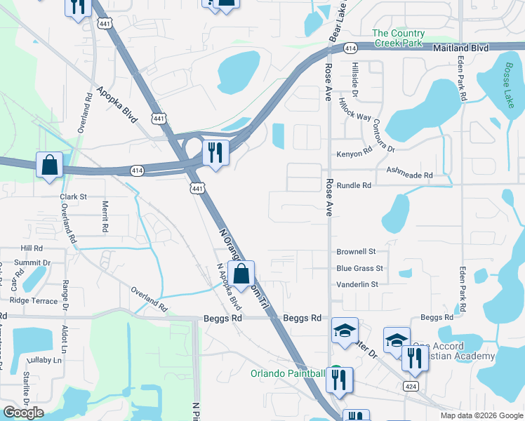 map of restaurants, bars, coffee shops, grocery stores, and more near 8357 Baywood Vista Drive in Orlando