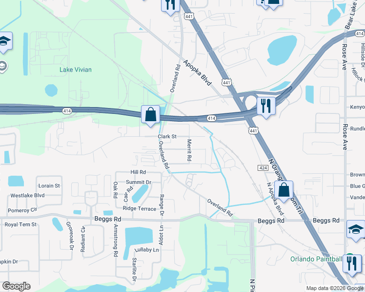 map of restaurants, bars, coffee shops, grocery stores, and more near 2889 Clark Street in Apopka
